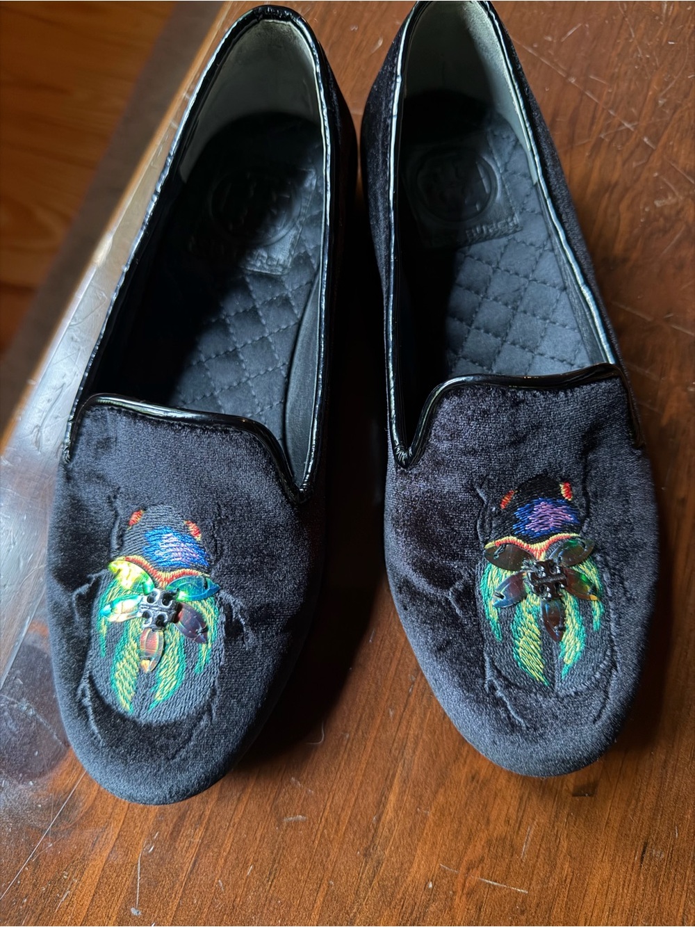 Tory Burch Black Velvet Embroidered Beetle Loafers Smoking Slippers size 5